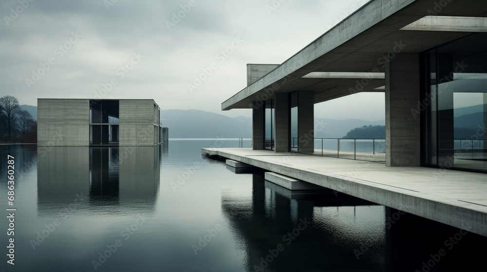 Fototapeta premium modern architecture, consistent minimalism, finest exposed concrete, geometric shapes, Japanese tradition, copy space, 16:9