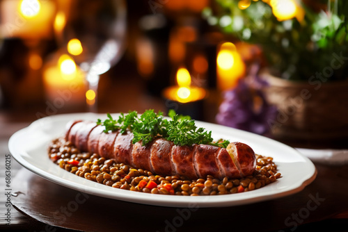 pork sausage with polenta as a traditionl italian food photo