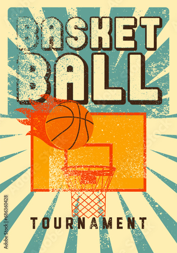 Basketball tournament typographical vintage grunge style poster design. Ball with flame. Retro vector illustration.