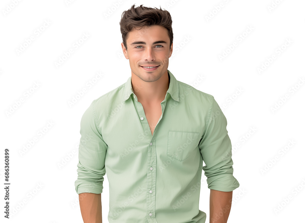 Fototapeta premium portrait of a happy man with a friendly smile in green shirt, pleasant, cheerful, positive joyful person