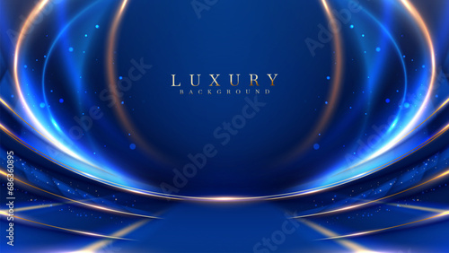 Empty blue stage background with gold curve line elements with light neon effects decoration and bokeh. Luxury scene design concept. Vector illustrations.