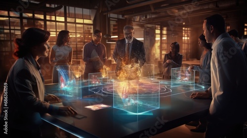 depicting a group of people engrossed in examining a hologram screen. The scene should convey a setting related to Systems Engineering, highlighting collaboration and interaction.