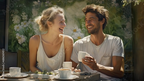 a young white couple outdoors, both smiling and joyfully drinking tea while seated in chairs, the natural and relaxed atmosphere to convey a sense of shared happiness.