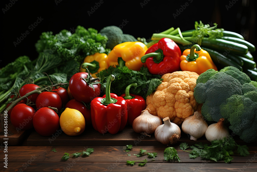 Nature's Bounty: Fresh Vegetables Grace a Wooden Table Setting - Generative AI Nature's Bounty: Fresh Vegetables Grace a Wooden Table Setting - Generative AI