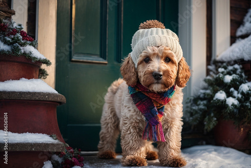 adorable puppy dog in winter clothes - Cute cockapoo doodle dog wearing knitted wooly hat and scarf standing at a doorway with snow on the ground.