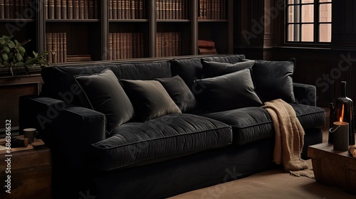 black corduroy cushions, the texture and details of the corduroy material to convey a realistic and cozy atmosphere. © lililia