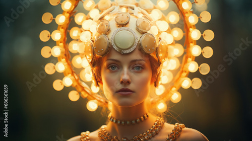 Enchanting woman adorned with a glowing halo, embodying mystique and elegance. © Ai Studio