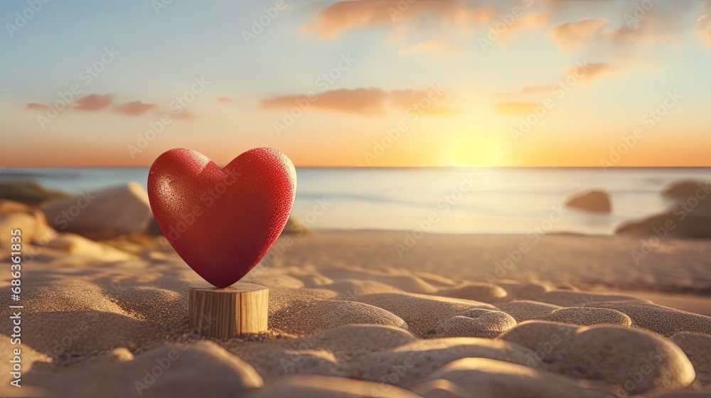 Fototapeta premium a red heart placed next to a wooden Christian cross on a gravel floor, morning light and a beach sea backdrop to evoke a serene and spiritual atmosphere.