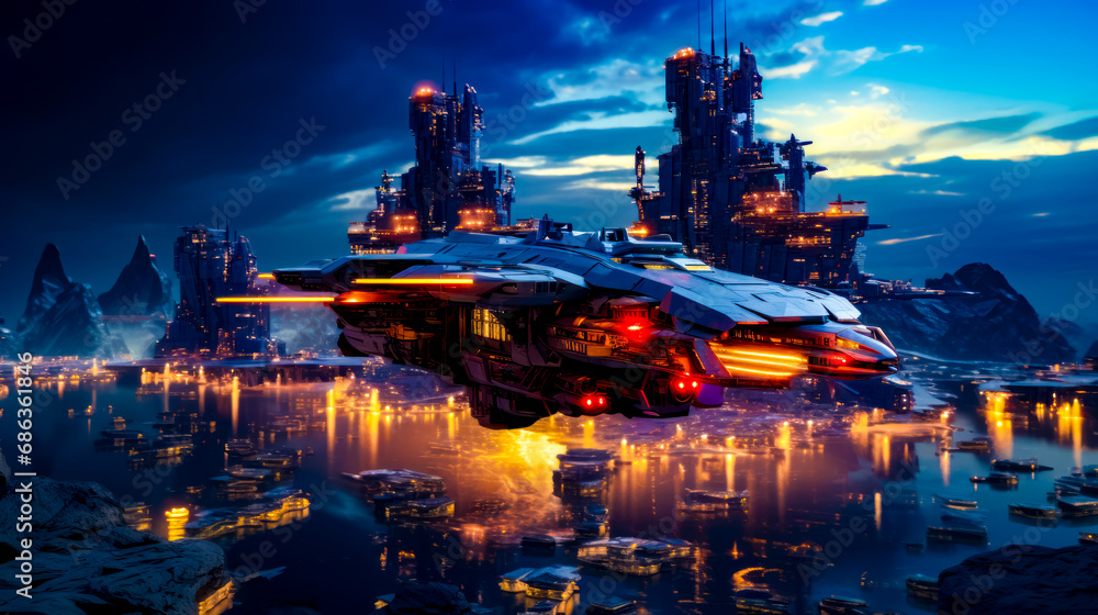 Futuristic city at night with futuristic flying vehicle in the foreground.