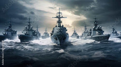 Naval fleet powering through tumultuous seas, a display of maritime might and drama