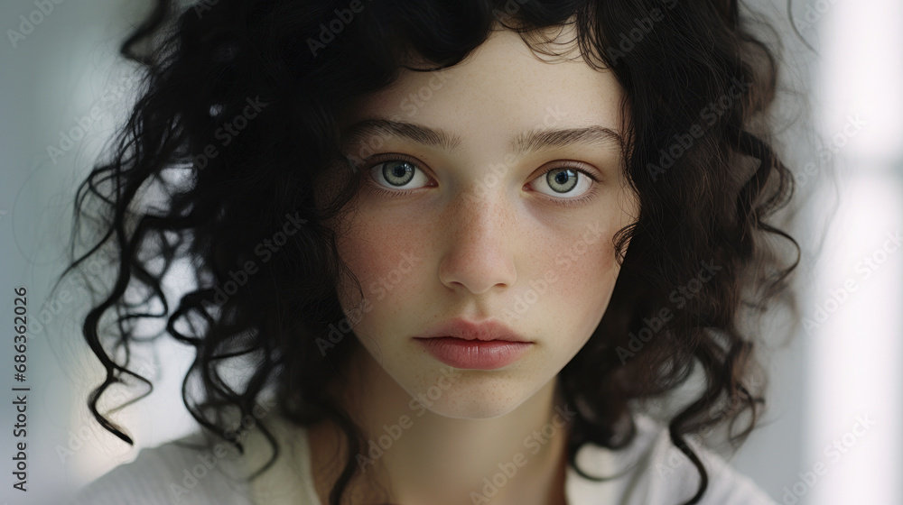 Intense gaze of a young woman with curly hair against a soft, diffused background