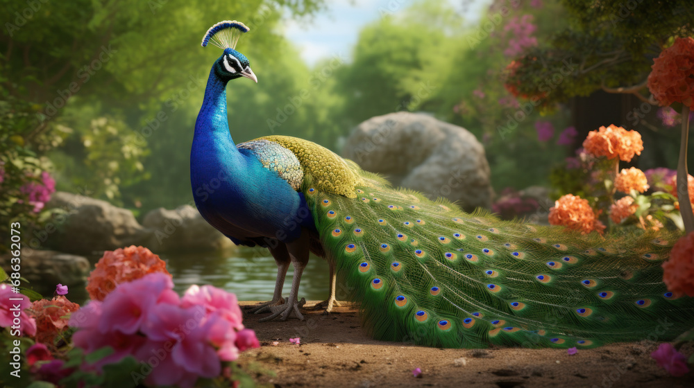 Obraz premium Majestic peacock displaying its splendid tail in a vibrant, blooming garden