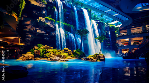 Group of people standing in front of waterfall with skylight.