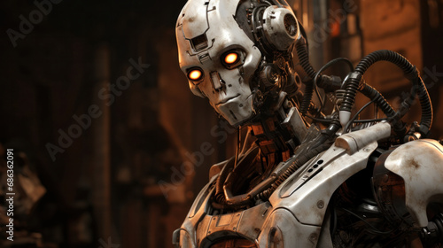 Detailed robotic face with glowing eyes in a dark, industrial environment