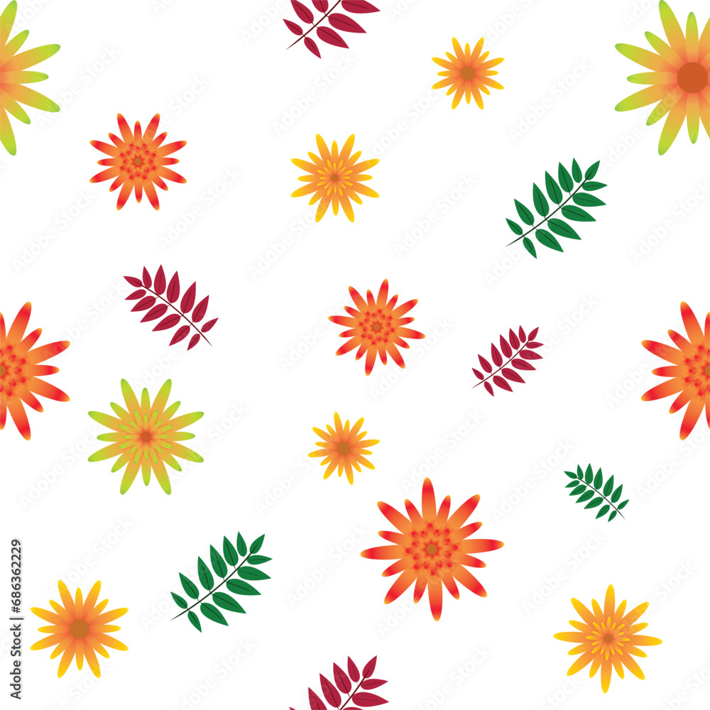 Seamless pattern of flowers with leaves and white background. vector illustration of colorful textured abstract art textile flower design Seamless pattern of flowers with leaves and white background. vector illustration of colorful textured abstract art textile flower design