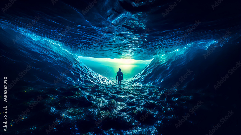 Man standing in the middle of tunnel in the ocean with light at the end of the tunnel.