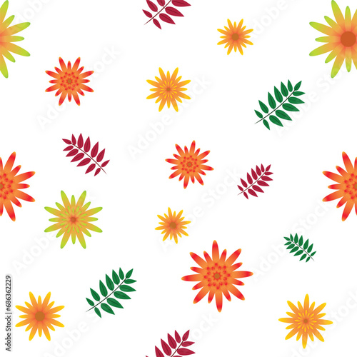 Seamless pattern of flowers with leaves and white background. vector illustration of colorful textured abstract art textile flower design
