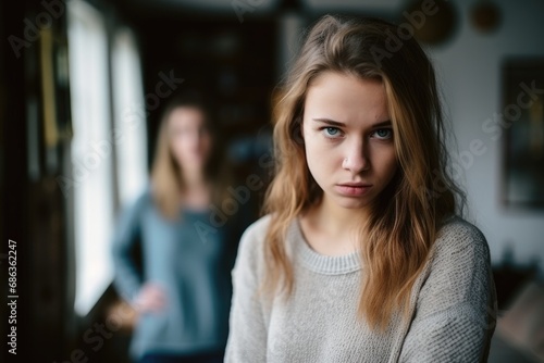 Close up offended girl in front and woman behind avoid to talk after quarrel at home, upset teen daughter and middle aged mum argument, two generation conflict concept photo
