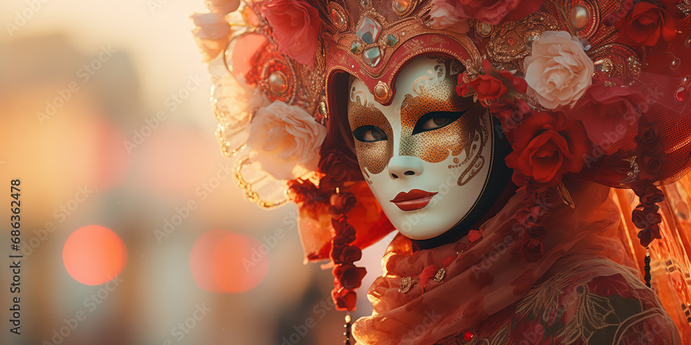 Red Elegance: Sophisticated Carnival Mask in Venetian Attire Red Elegance: Sophisticated Carnival Mask in Venetian Attire