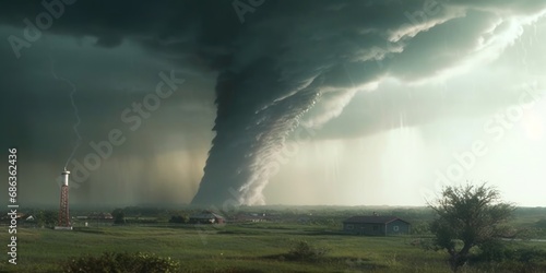 Thunderstorm with heavy rain in the prairie, panoramic view