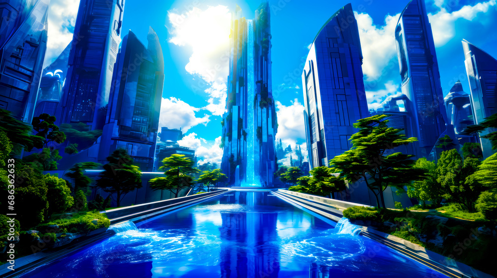 Futuristic city with fountain in the foreground and blue sky in the background.