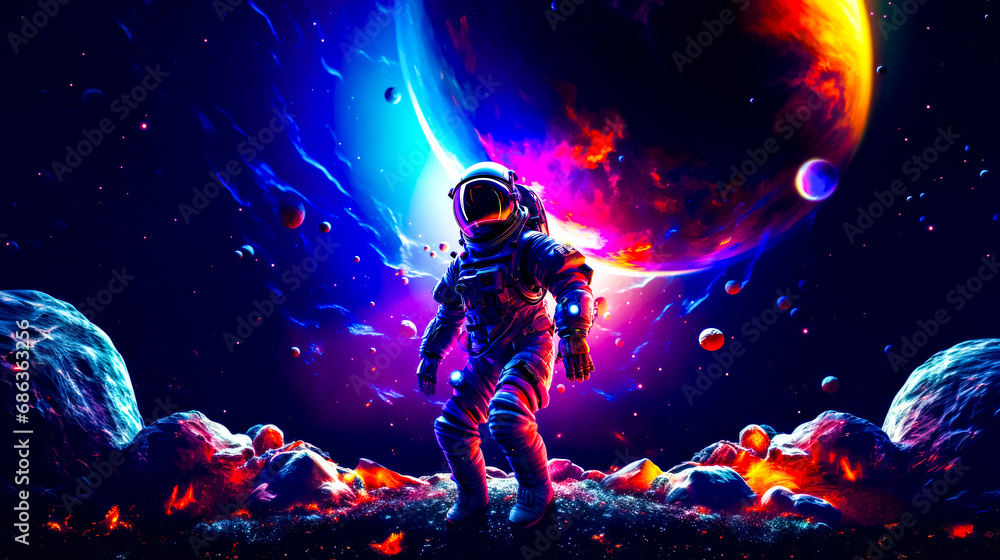 Man in space suit standing on planet with planets in the background.