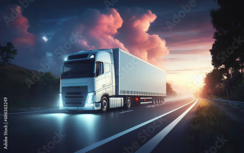 Blue Long Haul Semi-Truck with Cargo Trailer Full of Goods Travels At Night on the Freeway Road, Driving Across Continent photo