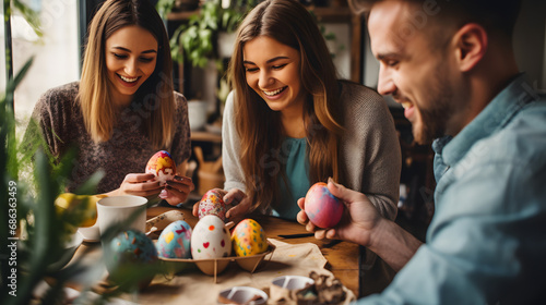 A group of friends painting Easter eggs together laughing and enjoying the activity. photo