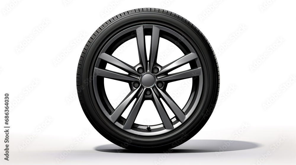 Car tire on white background with shadow from the front wheel.