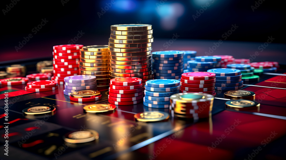 Pile of poker chips sitting on top of table next to pile of gold coins. Pile of poker chips sitting on top of table next to pile of gold coins.