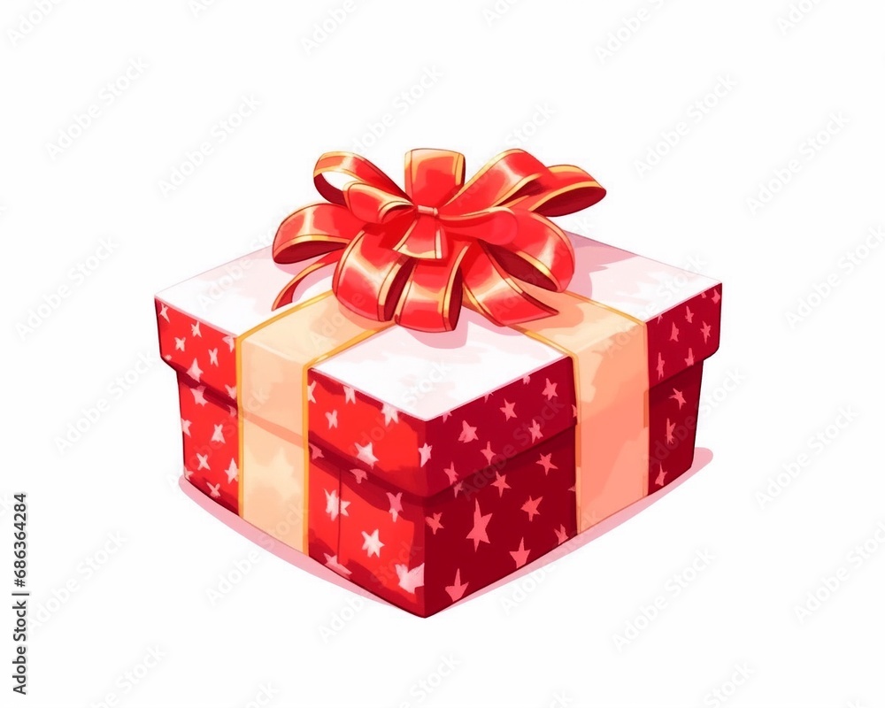 Obraz premium Colorful gift box decorated with ribbon bow illustration isolated on white background, present box for Christmas, Valentine's Day and birthday gift.