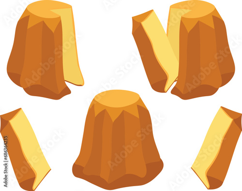 Set of bundt cake or Italian pandoro, panettone, christmas cake with slice and sliced cake. Vector illustration