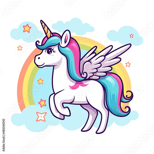 This is a cartoon image of a white unicorn with a rainbow mane and tail. The unicorn has a golden horn and wings. Generative AI