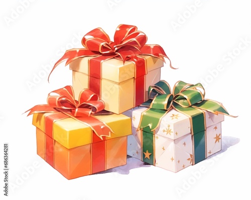 Colorful gift boxes pile decorated with ribbon bow illustration isolated on white background, present box for Christmas, Valentine's Day and birthday gift.