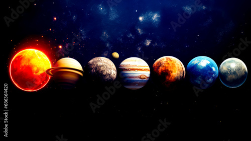 Row of planets with the sun in the middle and stars in the background.