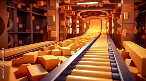 Conveyor belt with boxes on it in large room with yellow walls.