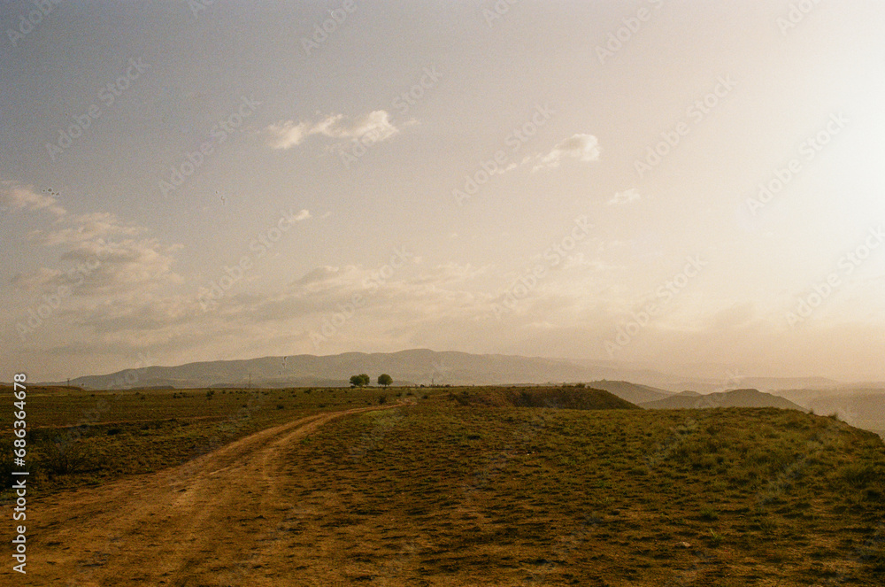A country road on the background of mountains - film photo