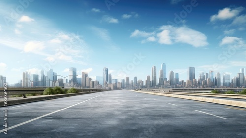 empty urban asphalt road, surrounded by city buildings in the background, the essence of a new, modern highway construction made of concrete.