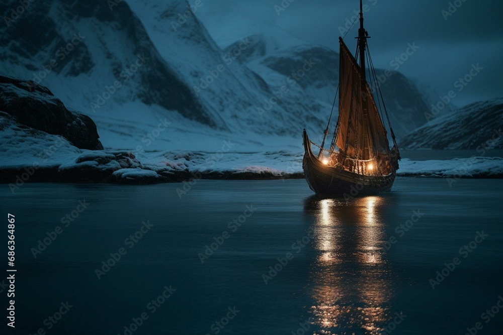 Nighttime voyage of a Viking ship on icy northern waters, surrounded by mountainous terrain. Generative AI