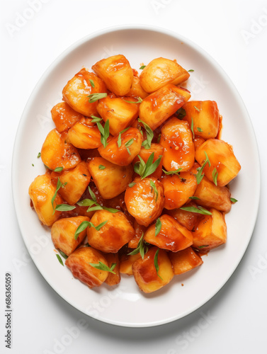 Fried potato on white plate. Potatas bravas 