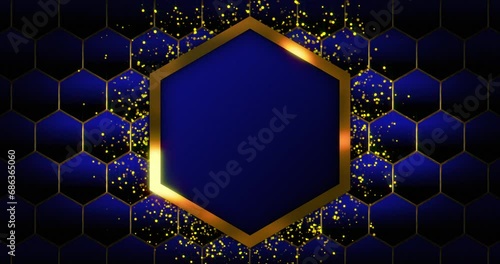 Abstract luxury hexagonal shape over glittering particle and sparkles over shiny luxury honeycomb pattern which is moving up to down. Abstract seamless looped nay blue luxury background photo