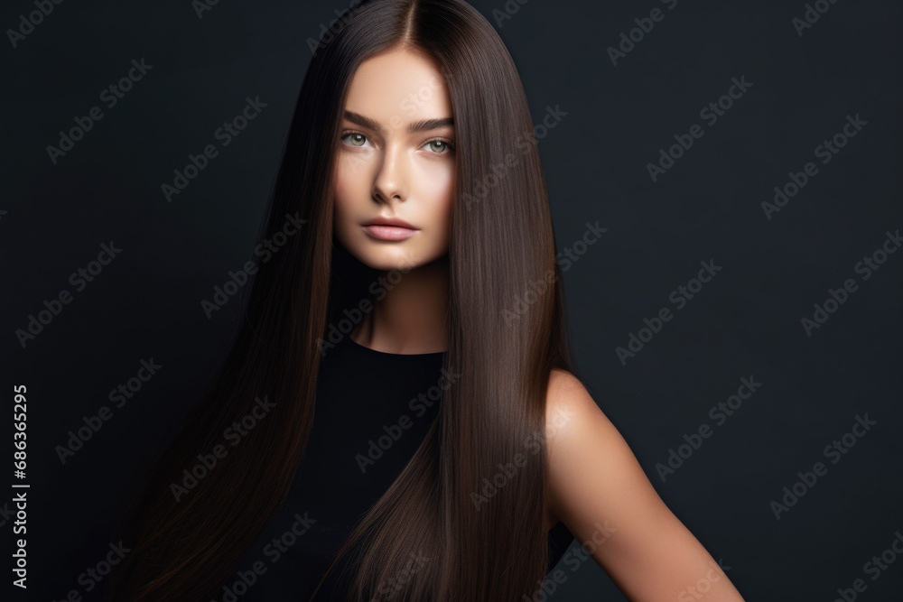 Portrait Profile of Beautiful Brunette Woman with Long Straight Hair