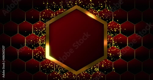 Abstract luxury hexagonal shape over glittering particle and sparkles over shiny luxury honeycomb pattern which is moving up to down. Abstract seamless looped red luxury background