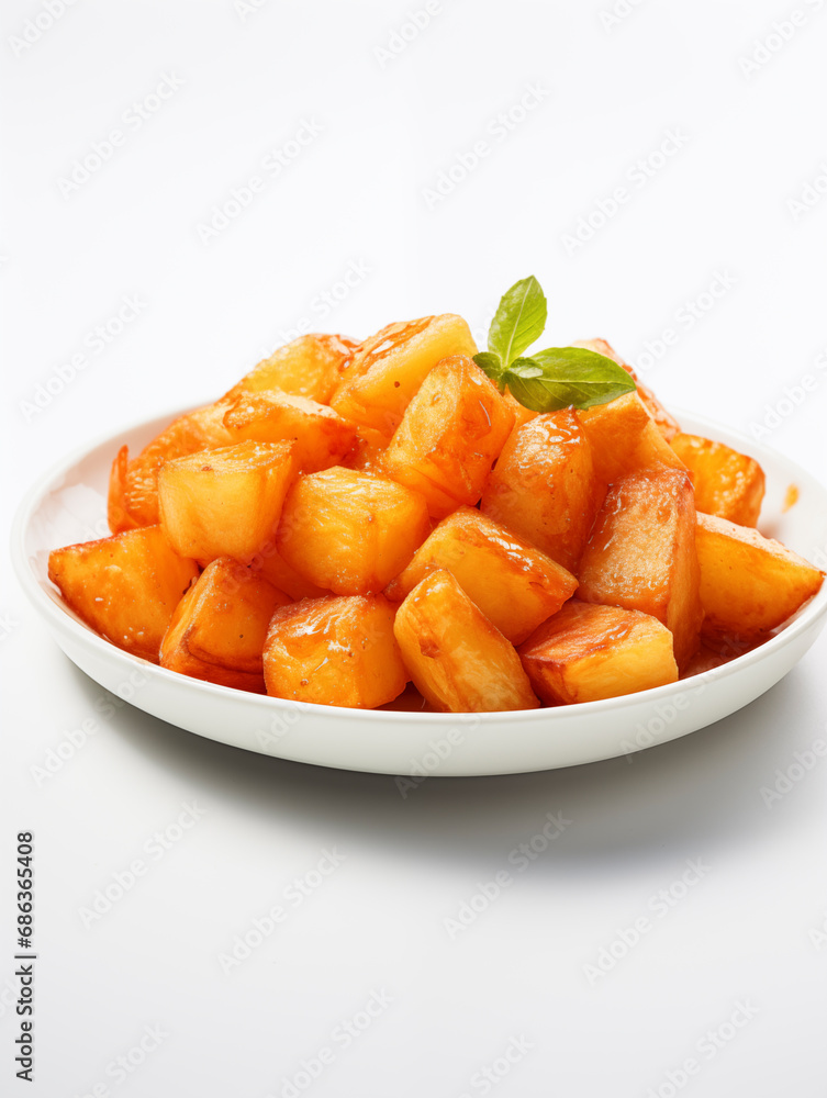 Fried potato on white plate. Potatas bravas Fried potato on white plate. Potatas bravas