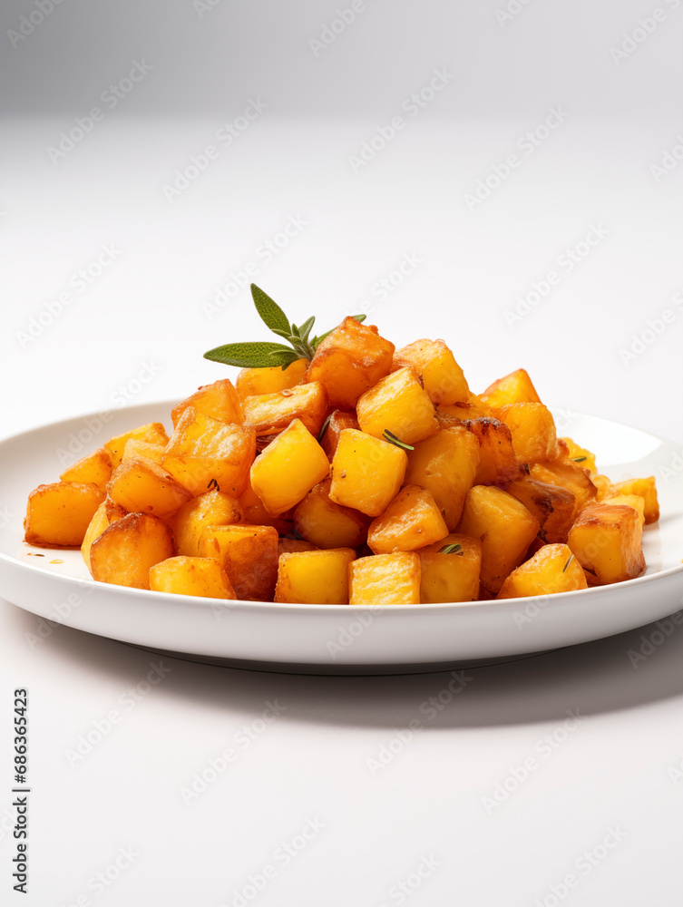 Fried potato on white plate. Potatas bravas Fried potato on white plate. Potatas bravas
