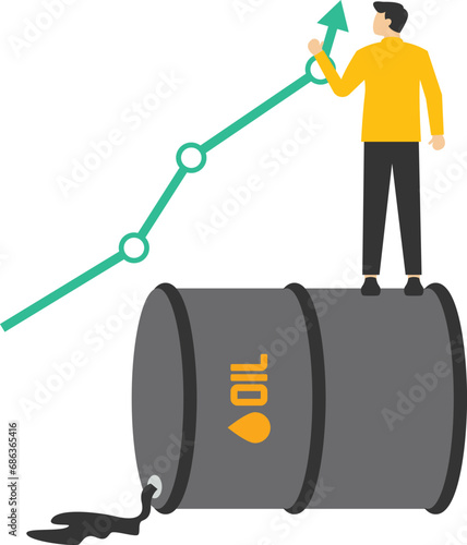 Oil price rising concept, Crude oil commodity price rising after crisis, high demand or energy or petrol industry concept, businessman trader standing on pile of gallons of oil composing chart.

