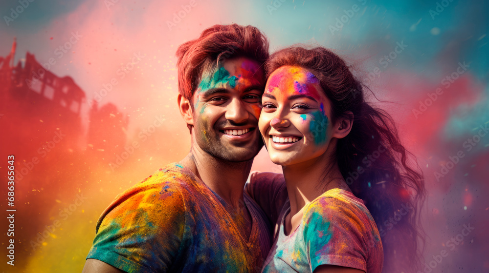 Fototapeta premium A young couple of a guy and a girl at the celebration of the Holi festival. Traditions of the Holya Festival. A bright colorful portrait of a young couple. 