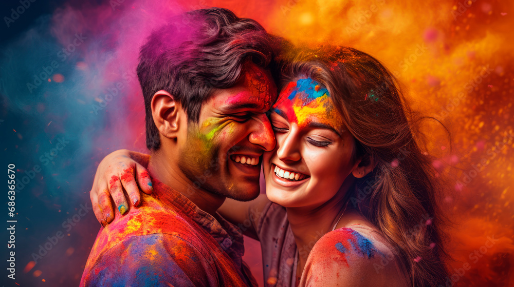 A young couple of a guy and a girl at the celebration of the Holi festival. Traditions of the Holya Festival. A bright colorful portrait of a young couple.