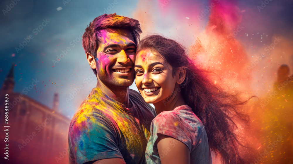 A young couple of a guy and a girl at the celebration of the Holi festival. Traditions of the Holya Festival. A bright colorful portrait of a young couple. A young couple of a guy and a girl at the celebration of the Holi festival. Traditions of the Holya Festival. A bright colorful portrait of a young couple.