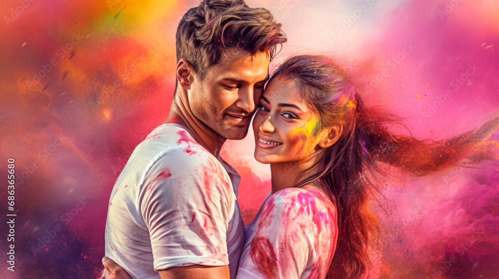 A young couple of a guy and a girl at the celebration of the Holi festival. Traditions of the Holya Festival. A bright colorful portrait of a young couple. A young couple of a guy and a girl at the celebration of the Holi festival. Traditions of the Holya Festival. A bright colorful portrait of a young couple.
